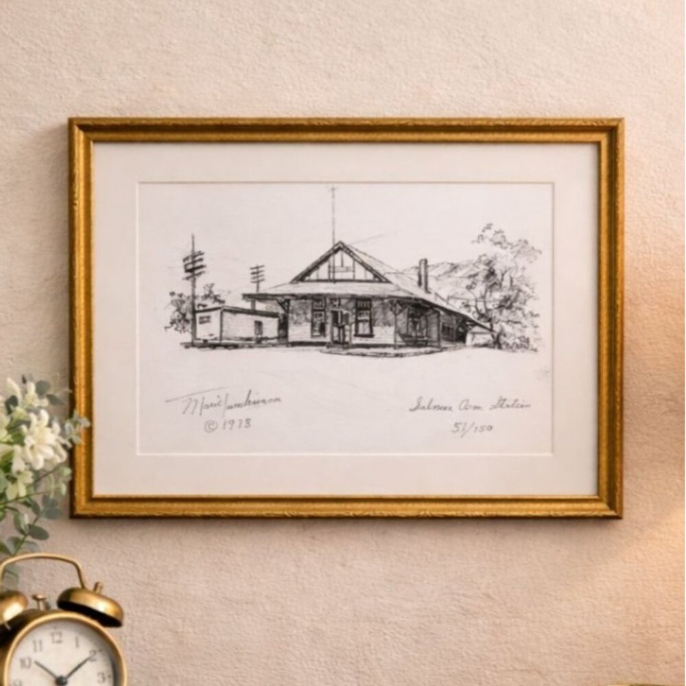 VTG 1978 Marie Tomlinson Salmon Arm Station Signed Print 5/150 Framed Gold Wood